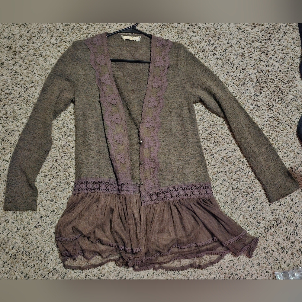 A'Reve Taupe Cardigan with Mauve Lace Trim